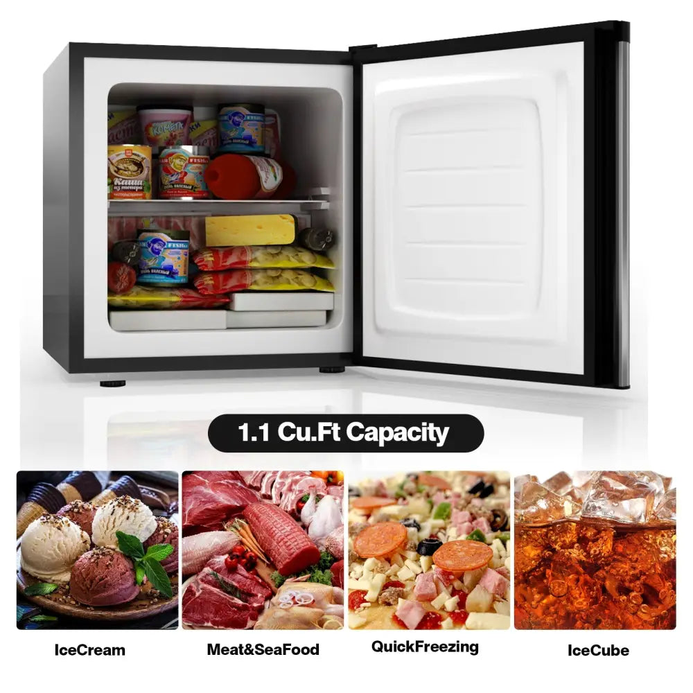 Costway 1.1 cu.ft. compact single door mini upright freezer with adjustable shelves and freezer compartment for small space storage.