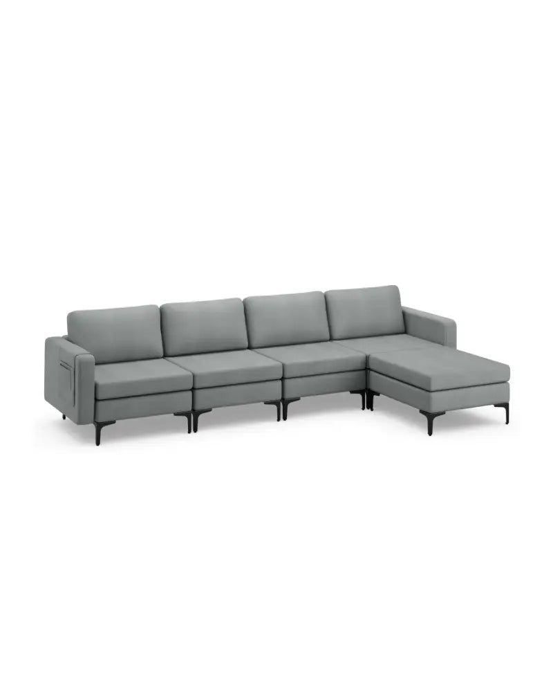 1/2/3/4-Seat Convertible Sectional Sofa with Reversible Ottoman-4-Seat L-shaped with 2 USB Ports - Gray - Sofas &