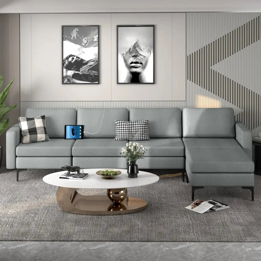 1/2/3/4-Seat Convertible Sectional Sofa with Reversible Ottoman-4-Seat L-shaped with 2 USB Ports Costway