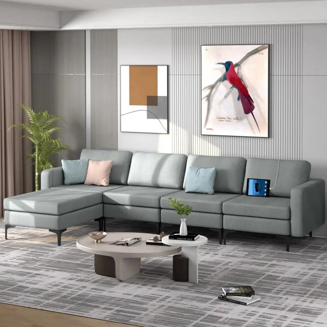 1/2/3/4-Seat Convertible Sectional Sofa with Reversible Ottoman-4-Seat L-shaped with 2 USB Ports Costway