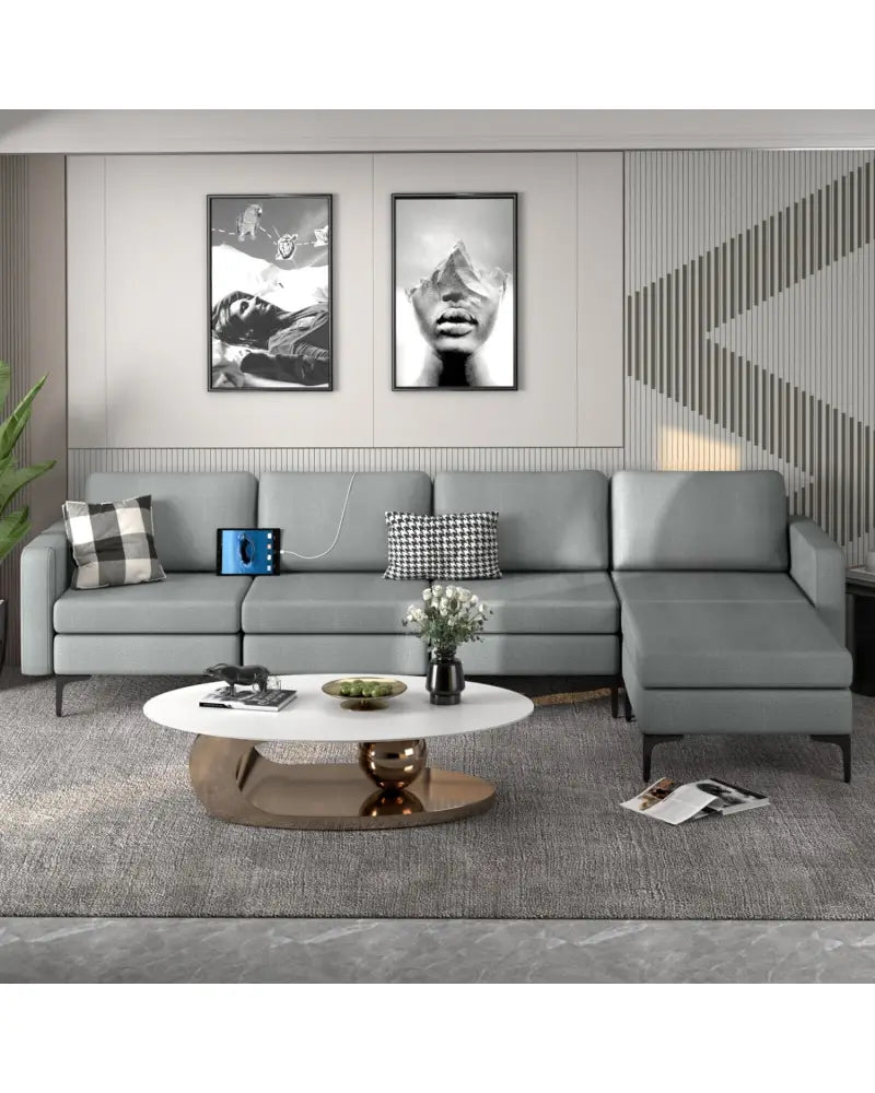 1/2/3/4-Seat Convertible Sectional Sofa with Reversible Ottoman-4-Seat L-shaped with 2 USB Ports - Gray - Sofas &