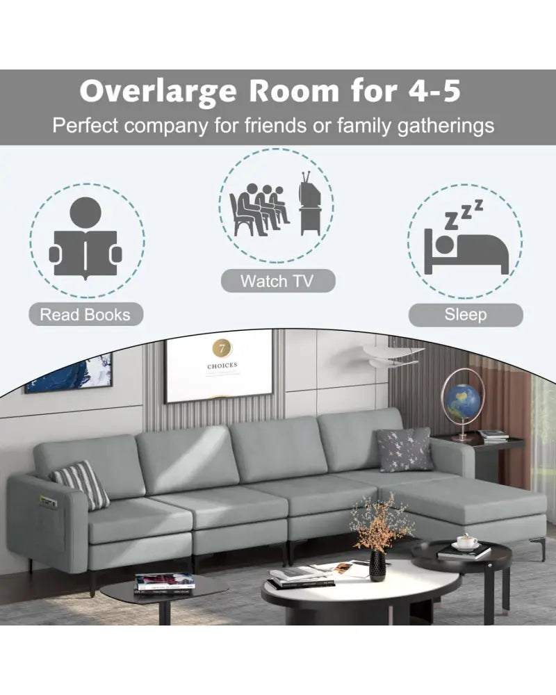 1/2/3/4-Seat Convertible Sectional Sofa with Reversible Ottoman-4-Seat L-shaped with 2 USB Ports - Gray - Sofas &