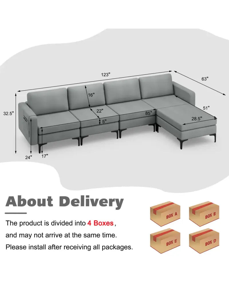 1/2/3/4-Seat Convertible Sectional Sofa with Reversible Ottoman-4-Seat L-shaped with 2 USB Ports - Gray - Sofas &