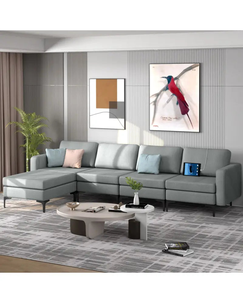1/2/3/4-Seat Convertible Sectional Sofa with Reversible Ottoman-4-Seat L-shaped with 2 USB Ports - Gray - Sofas &