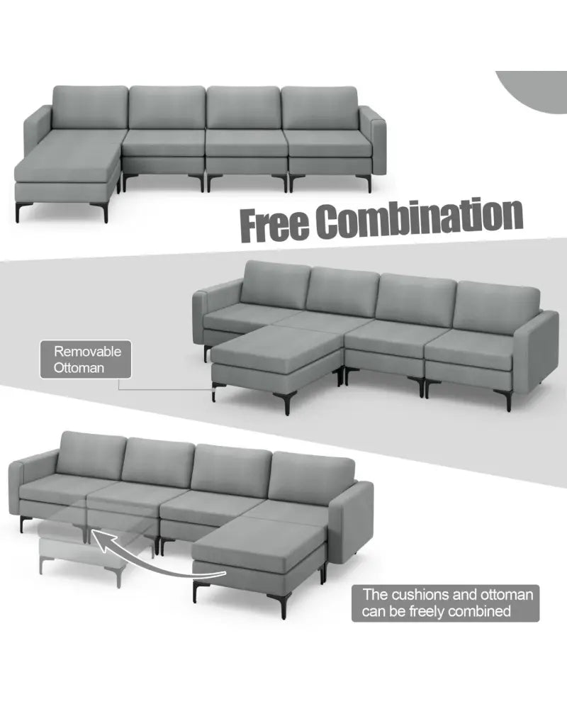 1/2/3/4-Seat Convertible Sectional Sofa with Reversible Ottoman-4-Seat L-shaped with 2 USB Ports - Gray - Sofas &