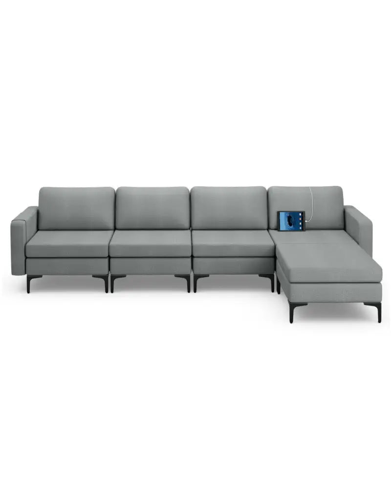 1/2/3/4-Seat Convertible Sectional Sofa with Reversible Ottoman-4-Seat L-shaped with 2 USB Ports - Gray - Sofas &