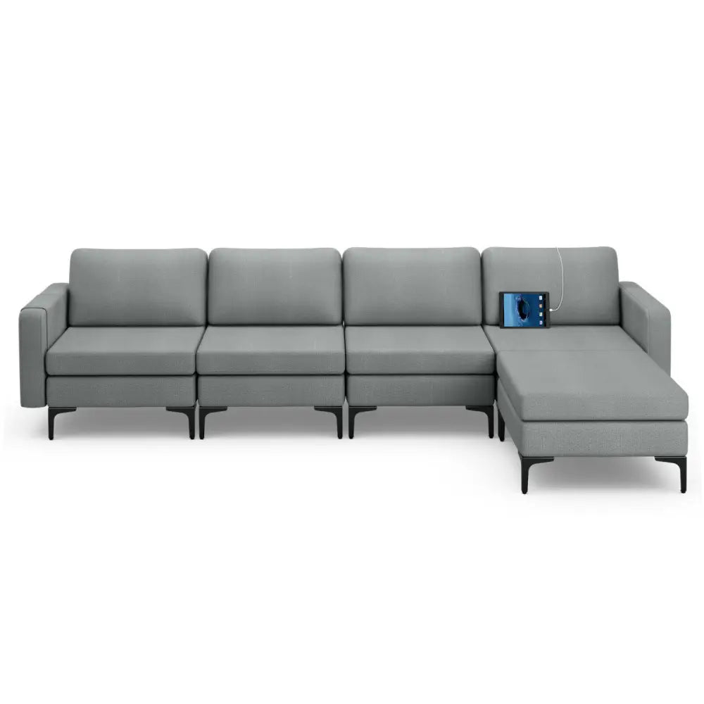 1/2/3/4-Seat Convertible Sectional Sofa with Reversible Ottoman-4-Seat L-shaped with 2 USB Ports - Gray - Sofas &