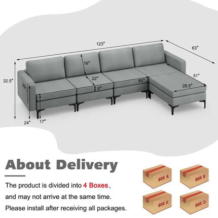 1/2/3/4-Seat Convertible Sectional Sofa with Reversible Ottoman-4-Seat L-shaped with 2 USB Ports Costway