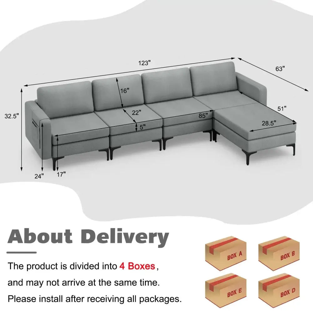 1/2/3/4-Seat Convertible Sectional Sofa with Reversible Ottoman-4-Seat L-shaped with 2 USB Ports Costway