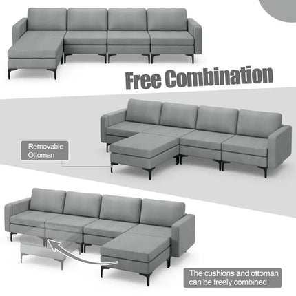 1/2/3/4-Seat Convertible Sectional Sofa with Reversible Ottoman-4-Seat L-shaped with 2 USB Ports Costway