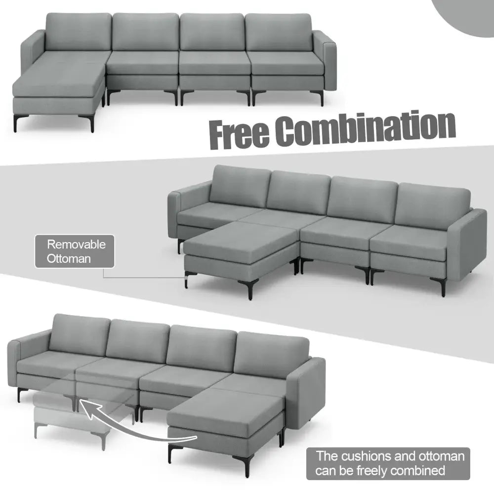1/2/3/4-Seat Convertible Sectional Sofa with Reversible Ottoman-4-Seat L-shaped with 2 USB Ports Costway
