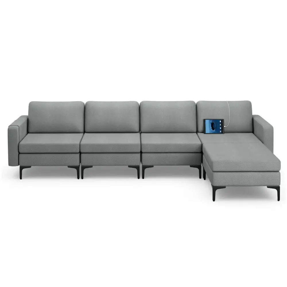 1/2/3/4-Seat Convertible Sectional Sofa with Reversible Ottoman-4-Seat L-shaped with 2 USB Ports Costway