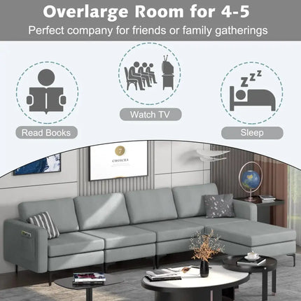 1/2/3/4-Seat Convertible Sectional Sofa with Reversible Ottoman-4-Seat L-shaped with 2 USB Ports Costway