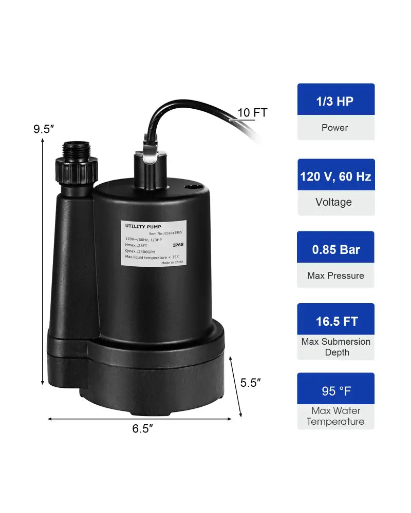1/3HP 2400GPH Submersible Utility Pump Portable Electric Water Pump with 10 FT Cord - Black - Watering & Irrigation