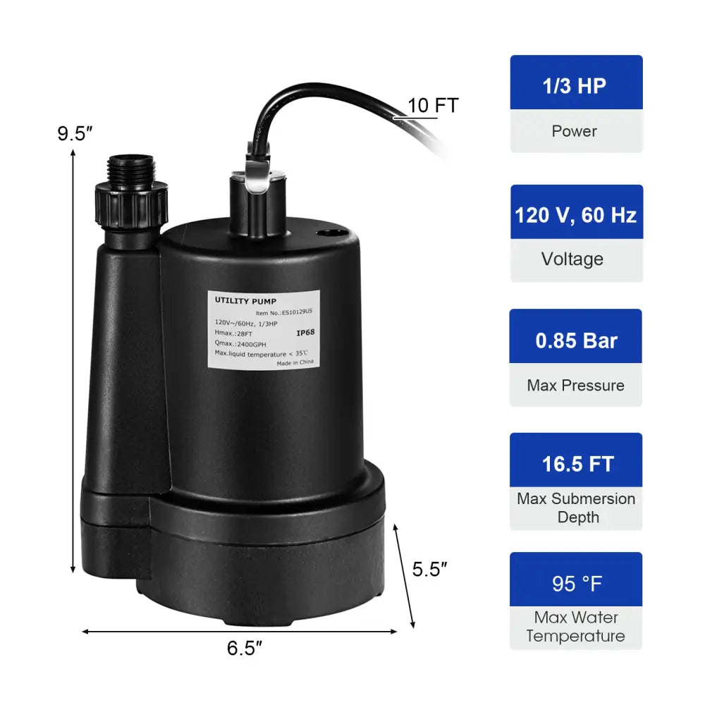 1/3HP 2400GPH Submersible Utility Pump Portable Electric Water Pump with 10 FT Cord - Black - Watering & Irrigation
