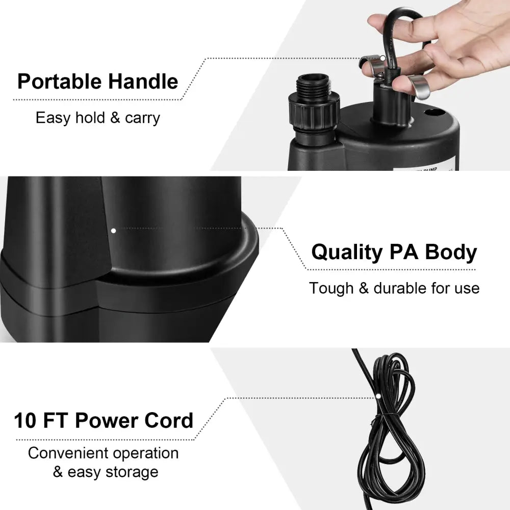 1/3HP 2400GPH Submersible Utility Pump Portable Electric Water Pump with 10 FT Cord - Black - Watering & Irrigation