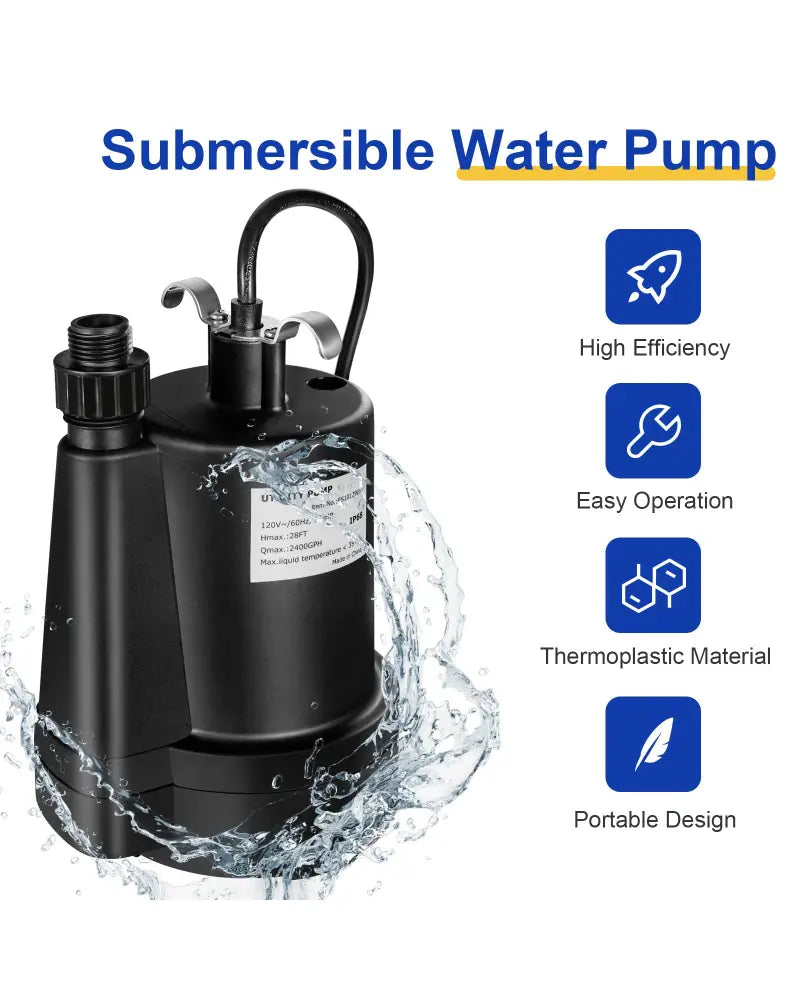 1/3HP 2400GPH Submersible Utility Pump Portable Electric Water Pump with 10 FT Cord - Black - Watering & Irrigation