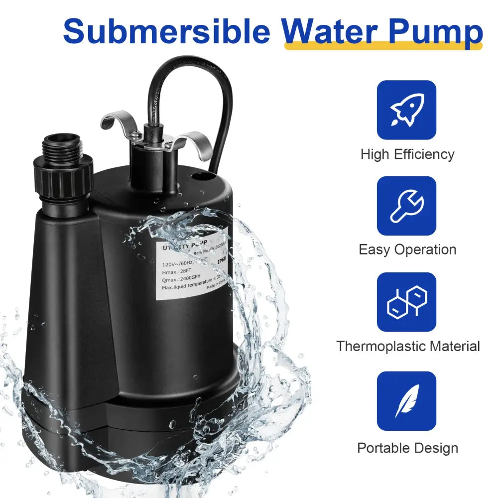 1/3HP 2400GPH Submersible Utility Pump Portable Electric Water Pump with 10 FT Cord - Black - Watering & Irrigation