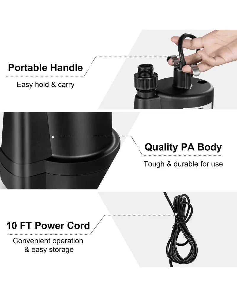 1/3HP 2400GPH Submersible Utility Pump Portable Electric Water Pump with 10 FT Cord - Black - Watering & Irrigation