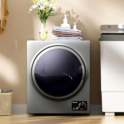 Costway 1.5 Cu. ft. gray clothes dryer with stainless steel wall mount, compact design, and modern finish.