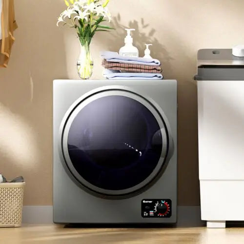 Costway 1.5 Cu. ft. gray clothes dryer with stainless steel wall mount, compact design, and modern finish.