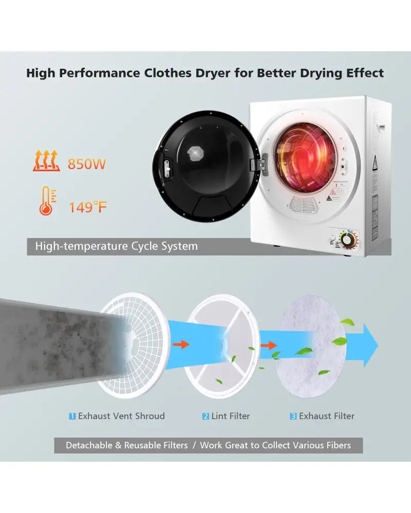 1.5 Cu.ft Clothes Dryer with with Stainless Steel Wall Mount-White - White - Dryers