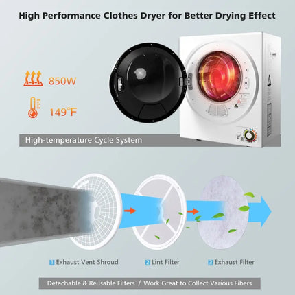 Costway 1.5 cu ft white clothes dryer with stainless steel wall mount, compact and space-saving for laundry rooms.
