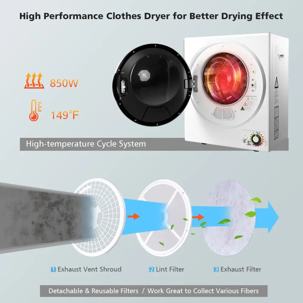 Costway 1.5 cu ft white clothes dryer with stainless steel wall mount, compact and space-saving for laundry rooms.