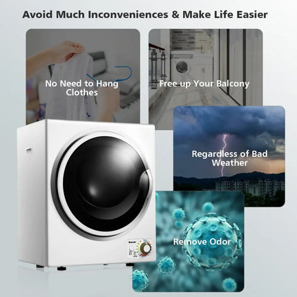 Costway 1.5 cu ft white clothes dryer with stainless steel wall mount, compact appliance for efficient laundry drying