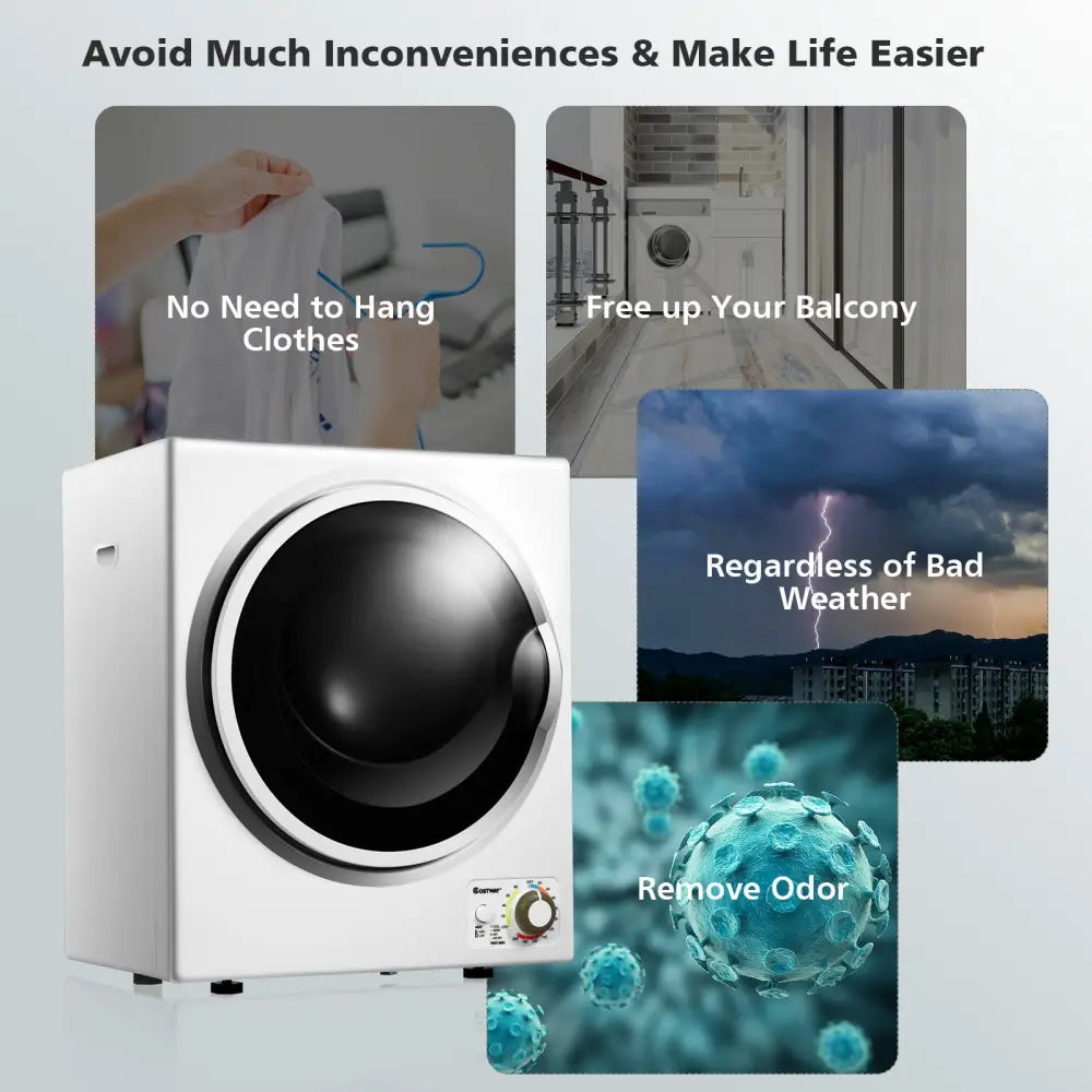 Costway 1.5 cu ft white clothes dryer with stainless steel wall mount, compact appliance for efficient laundry drying