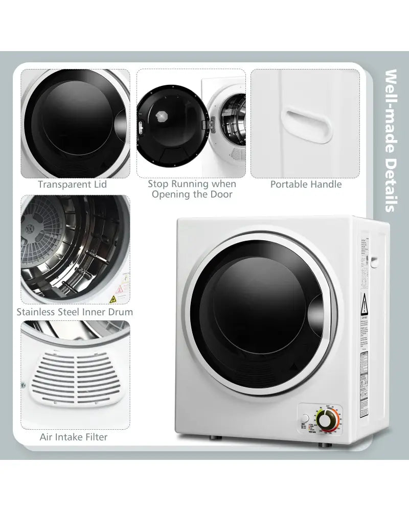 1.5 Cu.ft Clothes Dryer with with Stainless Steel Wall Mount-White - White - Dryers