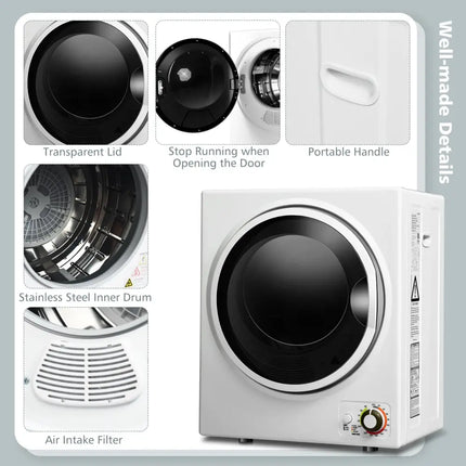 White 1.5 cu ft Costway clothes dryer with stainless steel wall mount, compact laundry appliance for efficient drying.