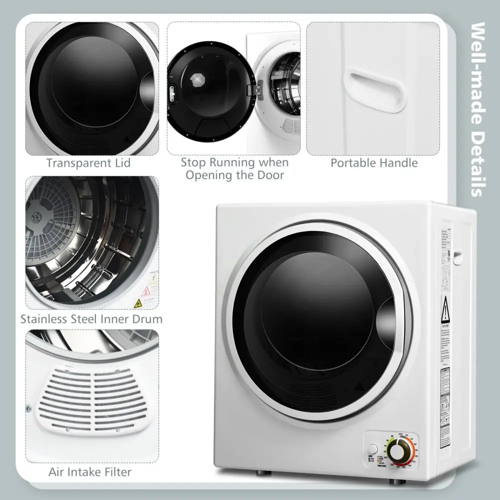 White 1.5 cu ft Costway clothes dryer with stainless steel wall mount, compact laundry appliance for efficient drying.