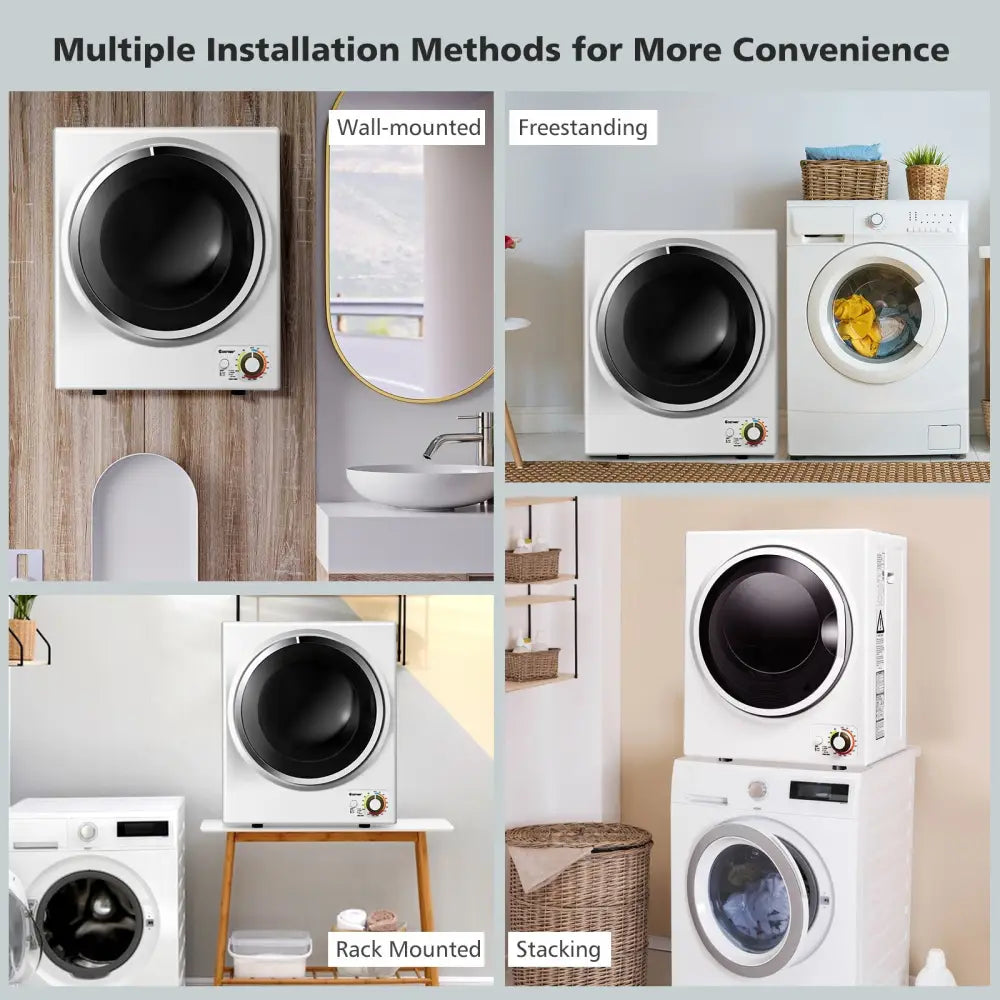 Costway 1.5 cu ft white clothes dryer with stainless steel wall mount, compact and efficient for small laundry spaces.