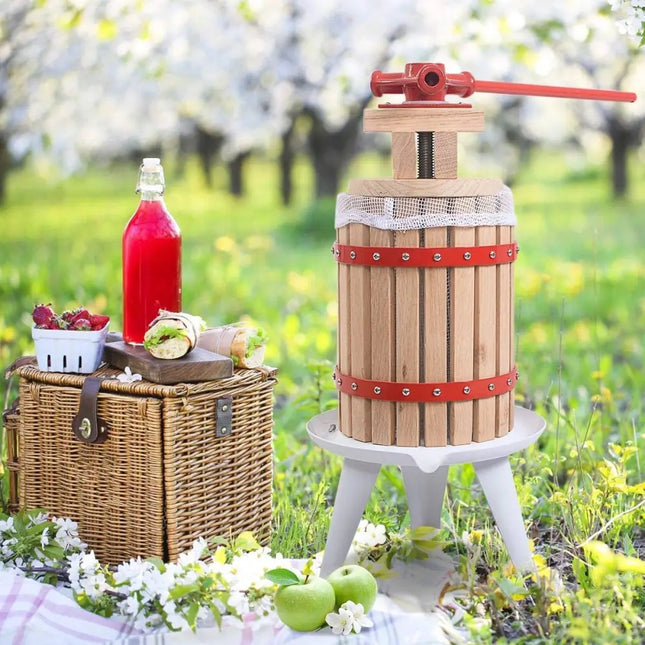 Costway 1.6-gallon fruit wine press and cider juice maker with wooden frame and metal screw for homemade wine and juice extraction.