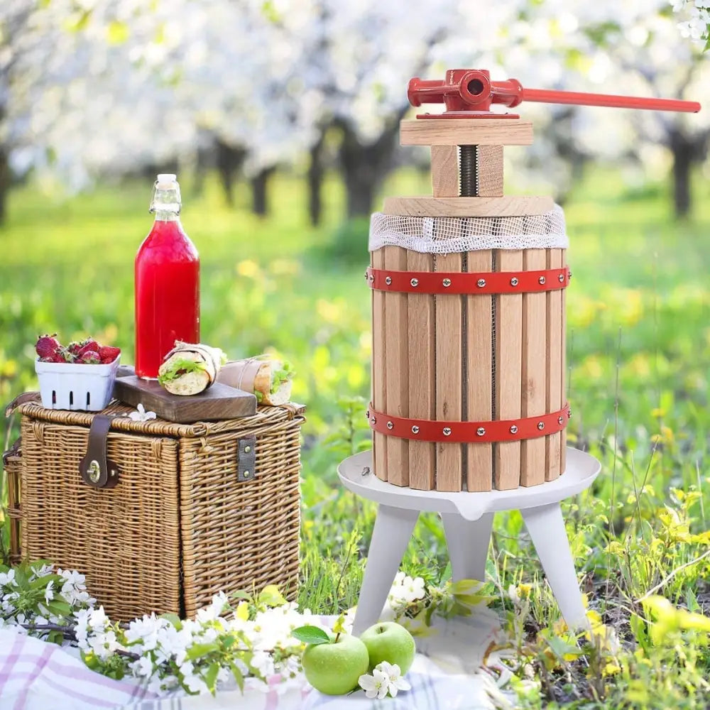 Costway 1.6-gallon fruit wine press and cider juice maker with wooden frame and metal screw for homemade wine and juice extraction.