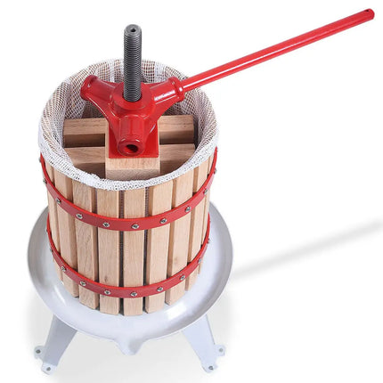 Costway 1.6-gallon fruit wine press and cider juice maker with wooden screw and stainless steel basin for homemade wine and juice.