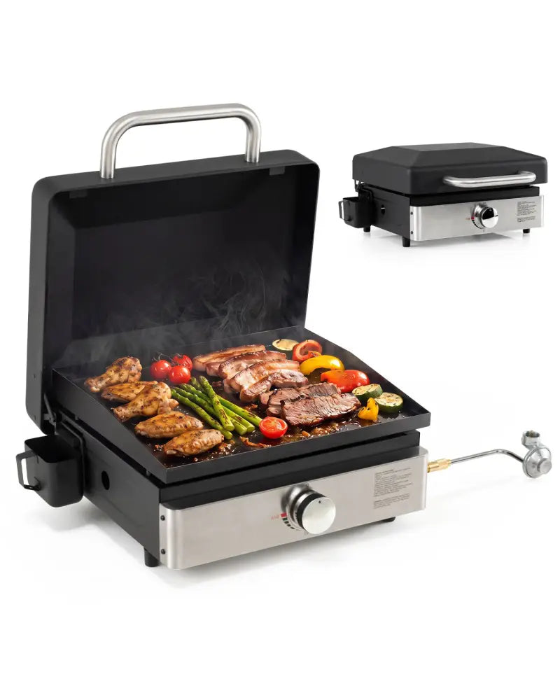 1-Burner Portable Gas Griddle with Lid Non-Stick Ceramic Griddle Plate-Black - Black - Outdoor Grills