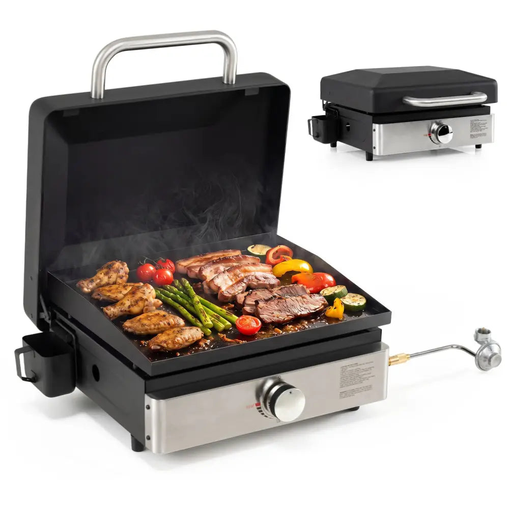 1-Burner Portable Gas Griddle with Lid Non-Stick Ceramic Griddle Plate-Black - Black - Outdoor Grills