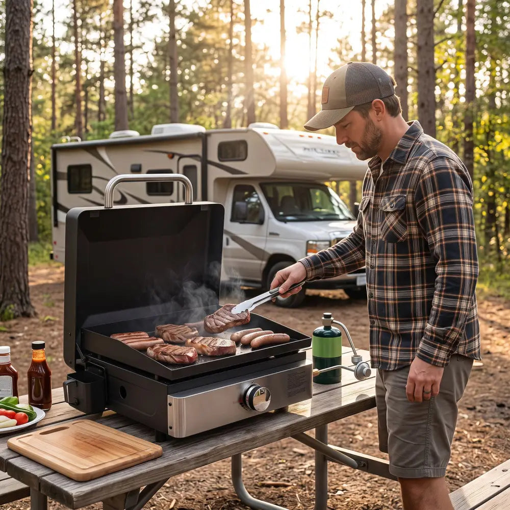 1-Burner Portable Gas Griddle with Lid Non-Stick Ceramic Griddle Plate-Black - Black - Outdoor Grills