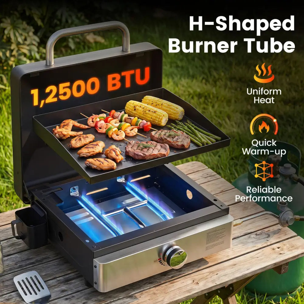 1-Burner Portable Gas Griddle with Lid Non-Stick Ceramic Griddle Plate-Black - Black - Outdoor Grills