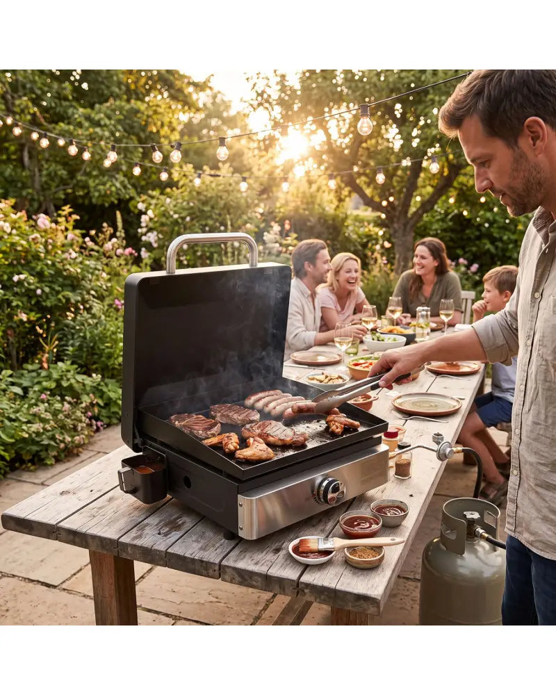 1-Burner Portable Gas Griddle with Lid Non-Stick Ceramic Griddle Plate-Black - Black - Outdoor Grills