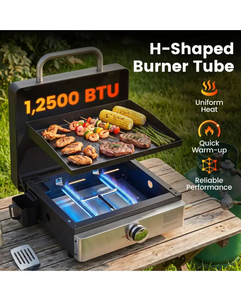 1-Burner Portable Gas Griddle with Lid Non-Stick Ceramic Griddle Plate-Black - Black - Outdoor Grills