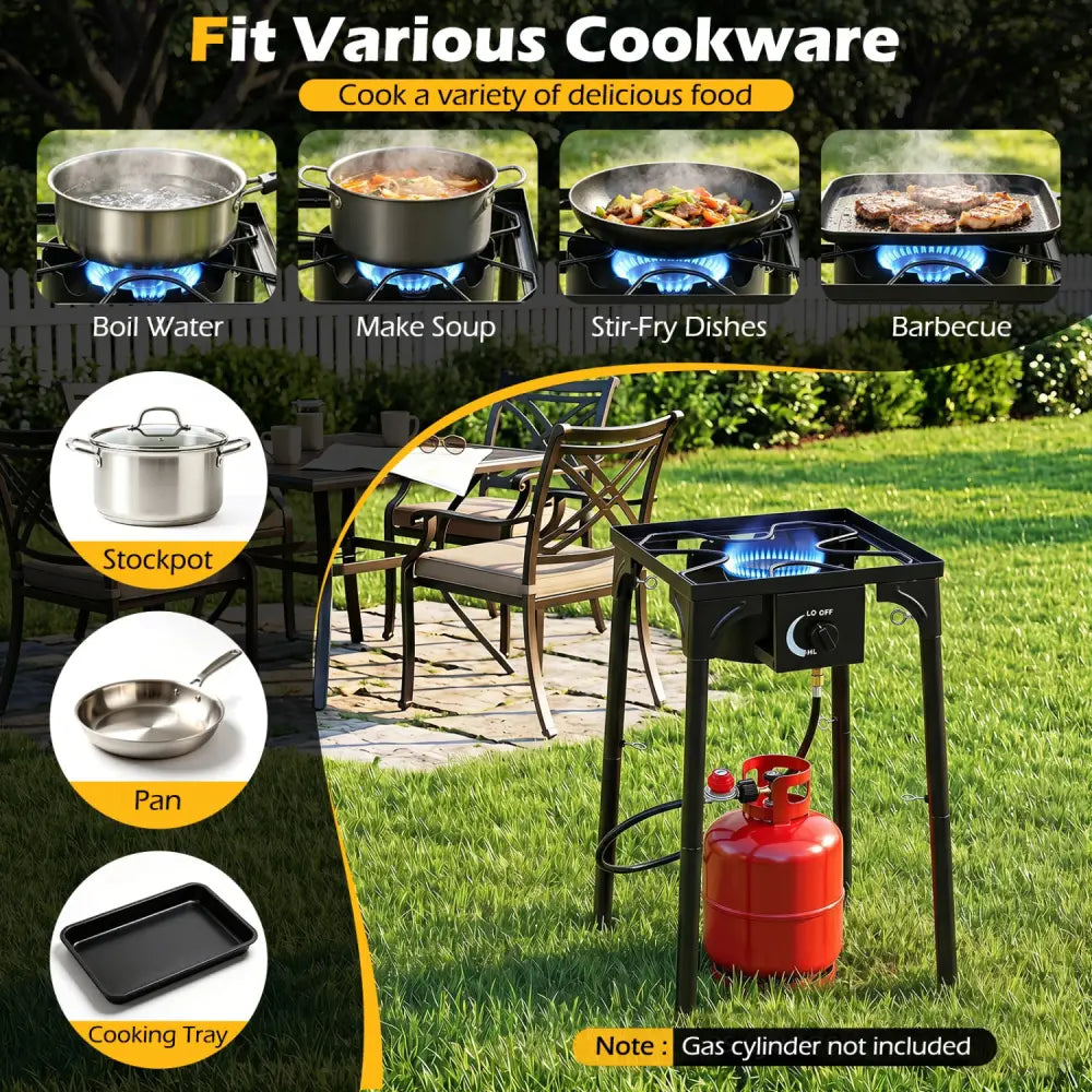 1 Burner Propane Stove 80000 BTU with Adjustable Regulator and Hose for Camping BBQ-Black - Black - Outdoor Grills
