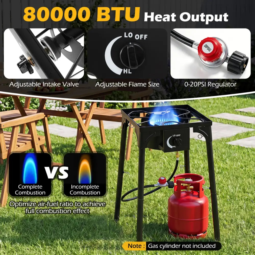 1 Burner Propane Stove 80000 BTU with Adjustable Regulator and Hose for Camping BBQ-Black - Black - Outdoor Grills