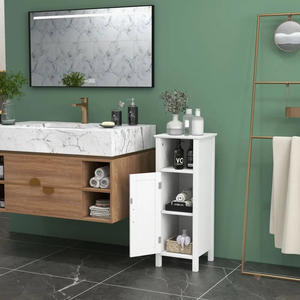 1-Door Freestanding Bathroom Cabinet with Open Shelf - White - Floor Cabinets