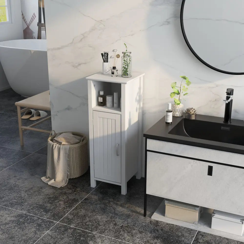 1-Door Freestanding Bathroom Cabinet with Open Shelf - White - Floor Cabinets