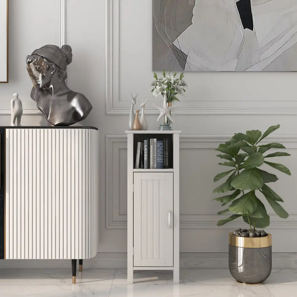 1-Door Freestanding Bathroom Cabinet with Open Shelf - White - Floor Cabinets