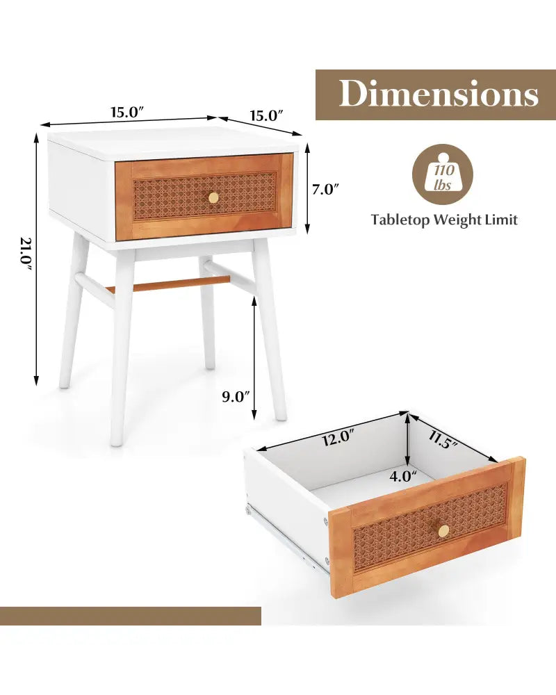 1-Drawer Modern Bedside Table with Solid Wood Legs-White - White - Nightstands
