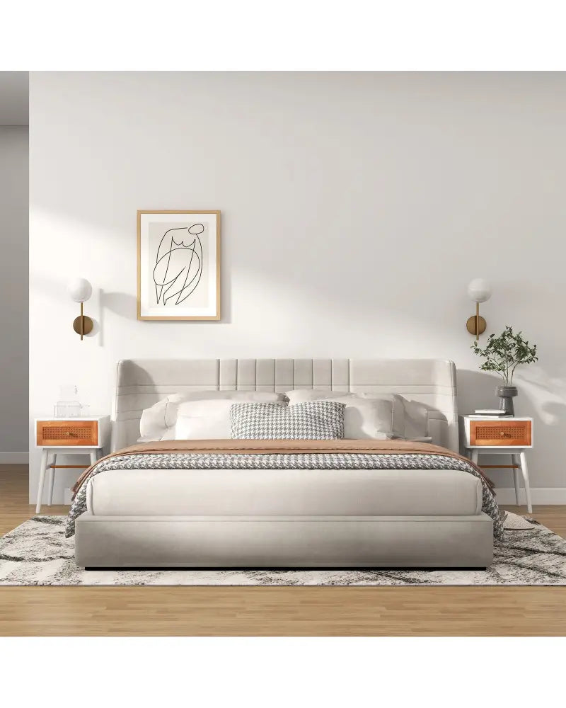 1-Drawer Modern Bedside Table with Solid Wood Legs-White - White - Nightstands